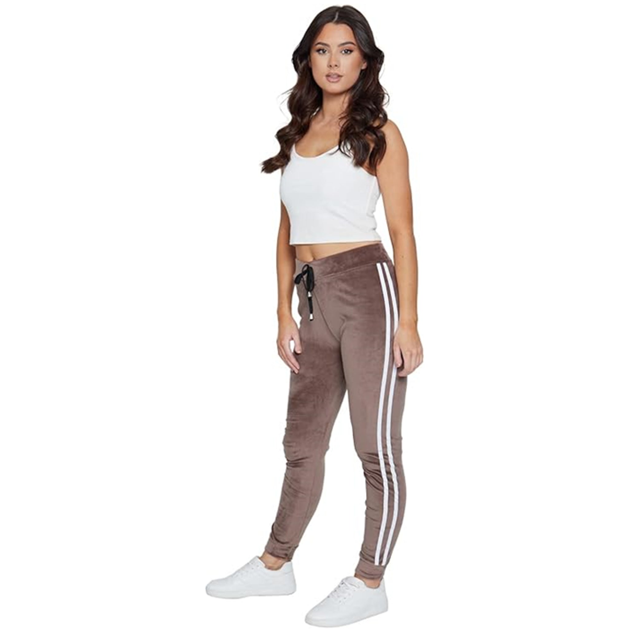 Ladies velour bottoms soft lounge joggers with side stripes in mushroom